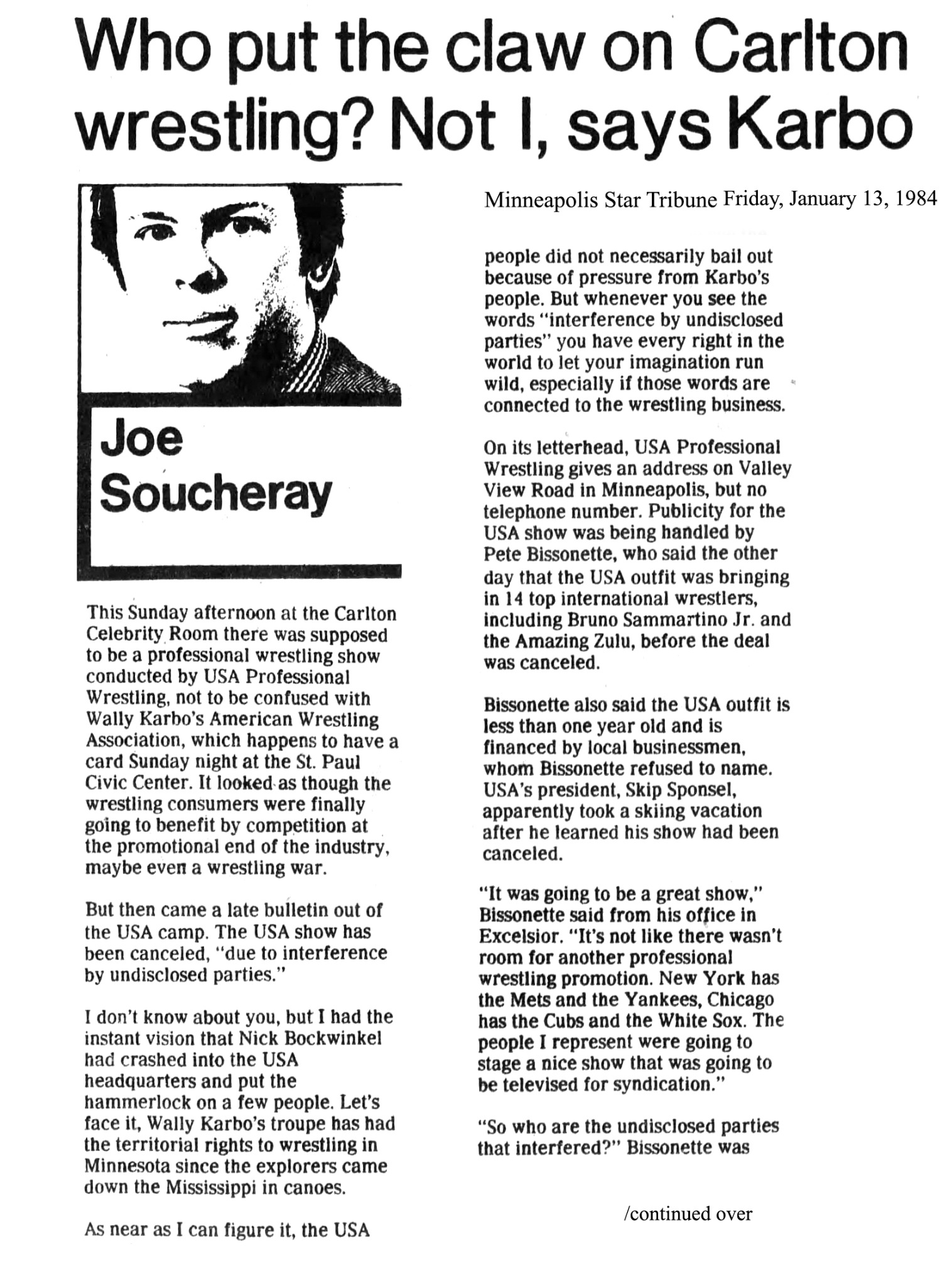 Star Tribune January 13, 1984 article, first page