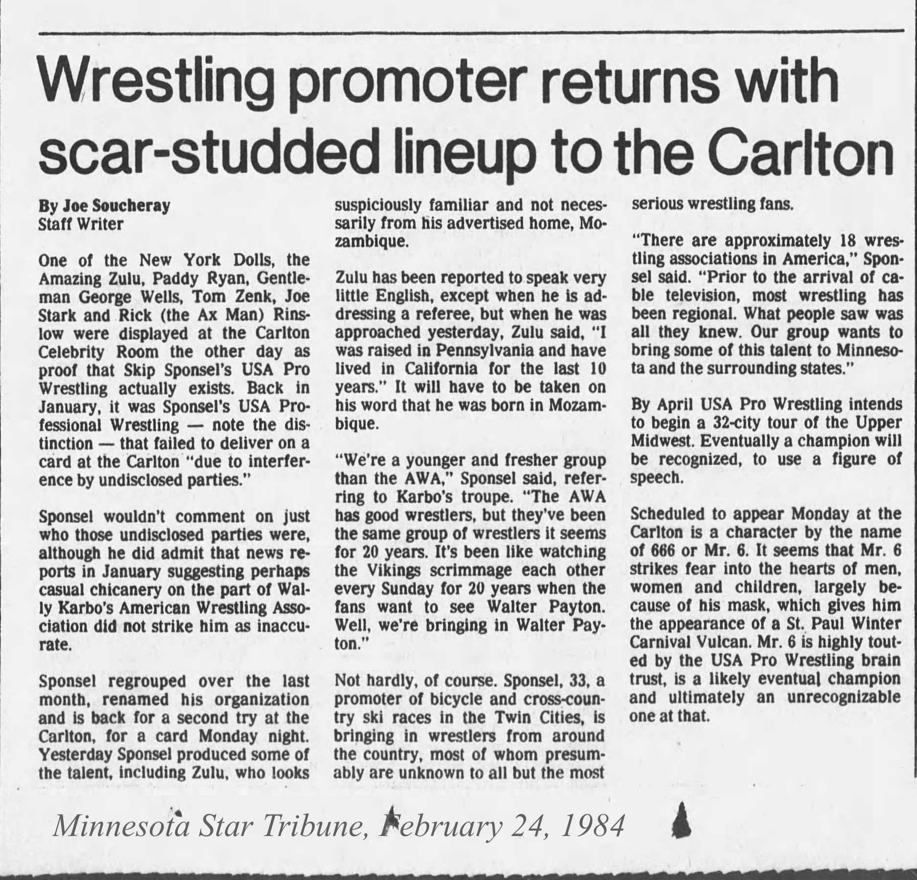 Star Tribune February 24, 1984 report on USA Pro Wrestling