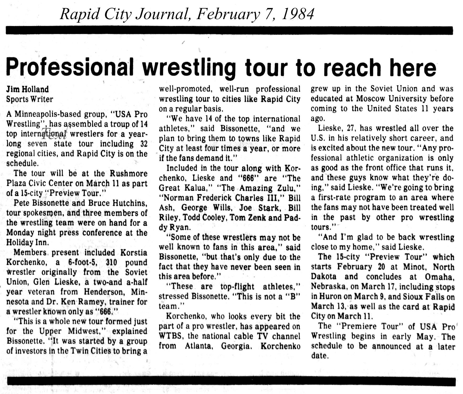 Rapid City Journal report about the USA Pro Wrestling tour