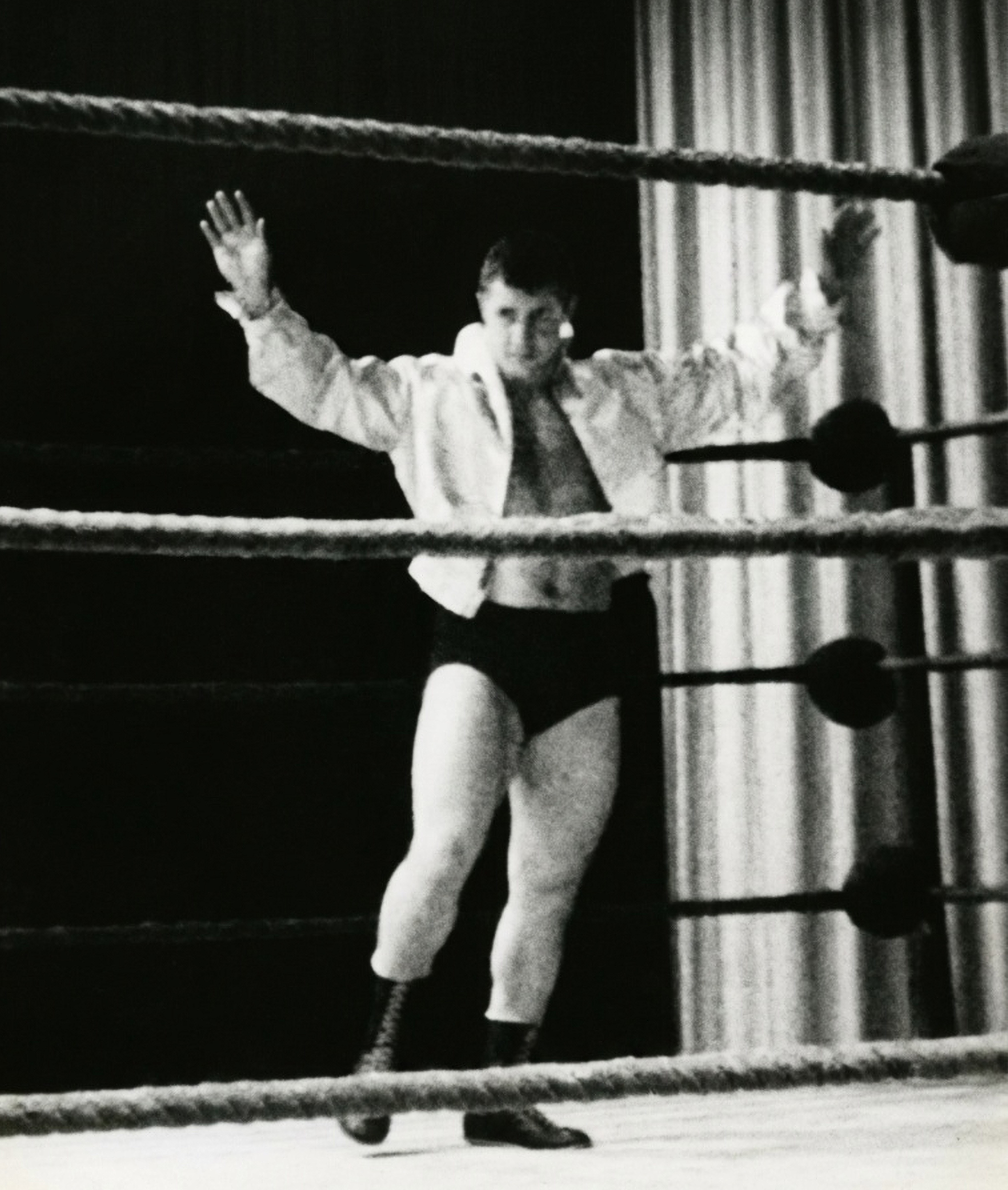 Young Eddie Sharkey entering a wrestling ring