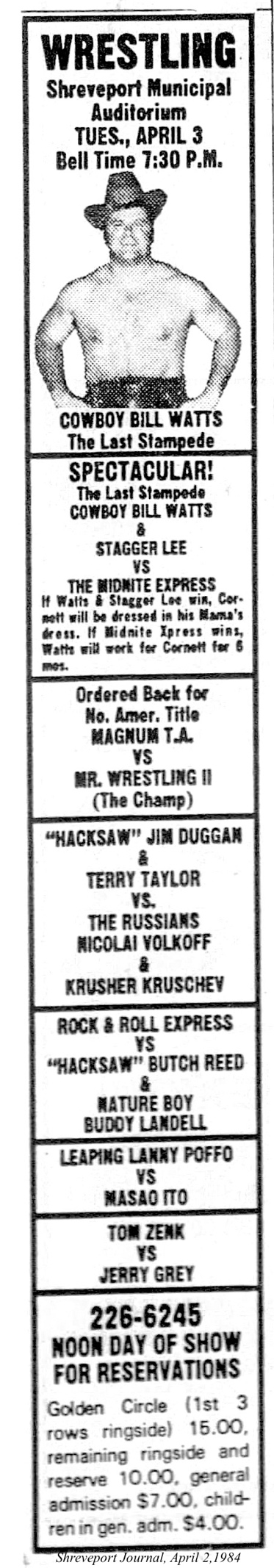 Newspaper advertisement for Mid-South Wrestling at Shreveport Municipal Auditorium on April 3, 1984