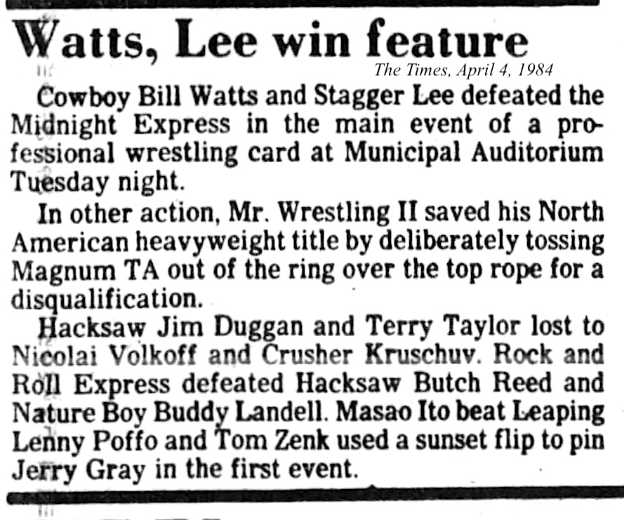 The Times report stating that Tom Zenk pinned Jerry Gray with a sunset flip