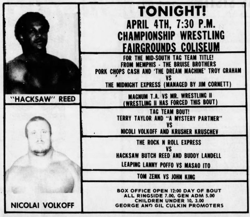 Advertisement and results for Mid-South Wrestling in Jackson, Mississippi, April 4, 1984