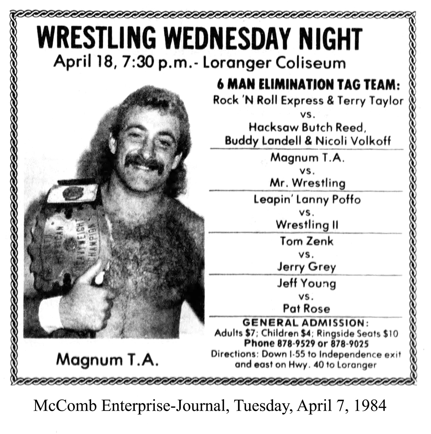 Advertisement for wrestling at Loranger Coliseum on April 18, 1984, listing Tom Zenk against Jerry Grey