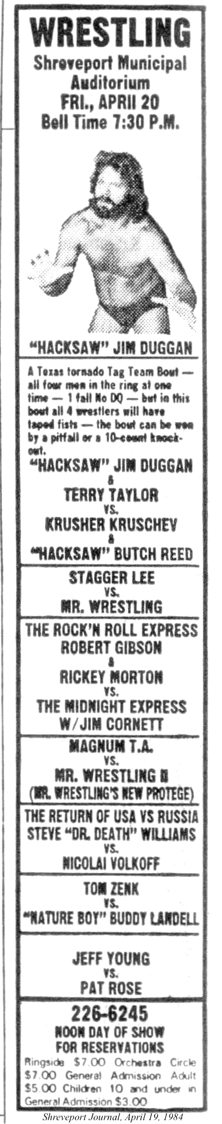 Advertisement for Mid-South Wrestling in Shreveport on April 20, 1984, listing Tom Zenk against Buddy Landell