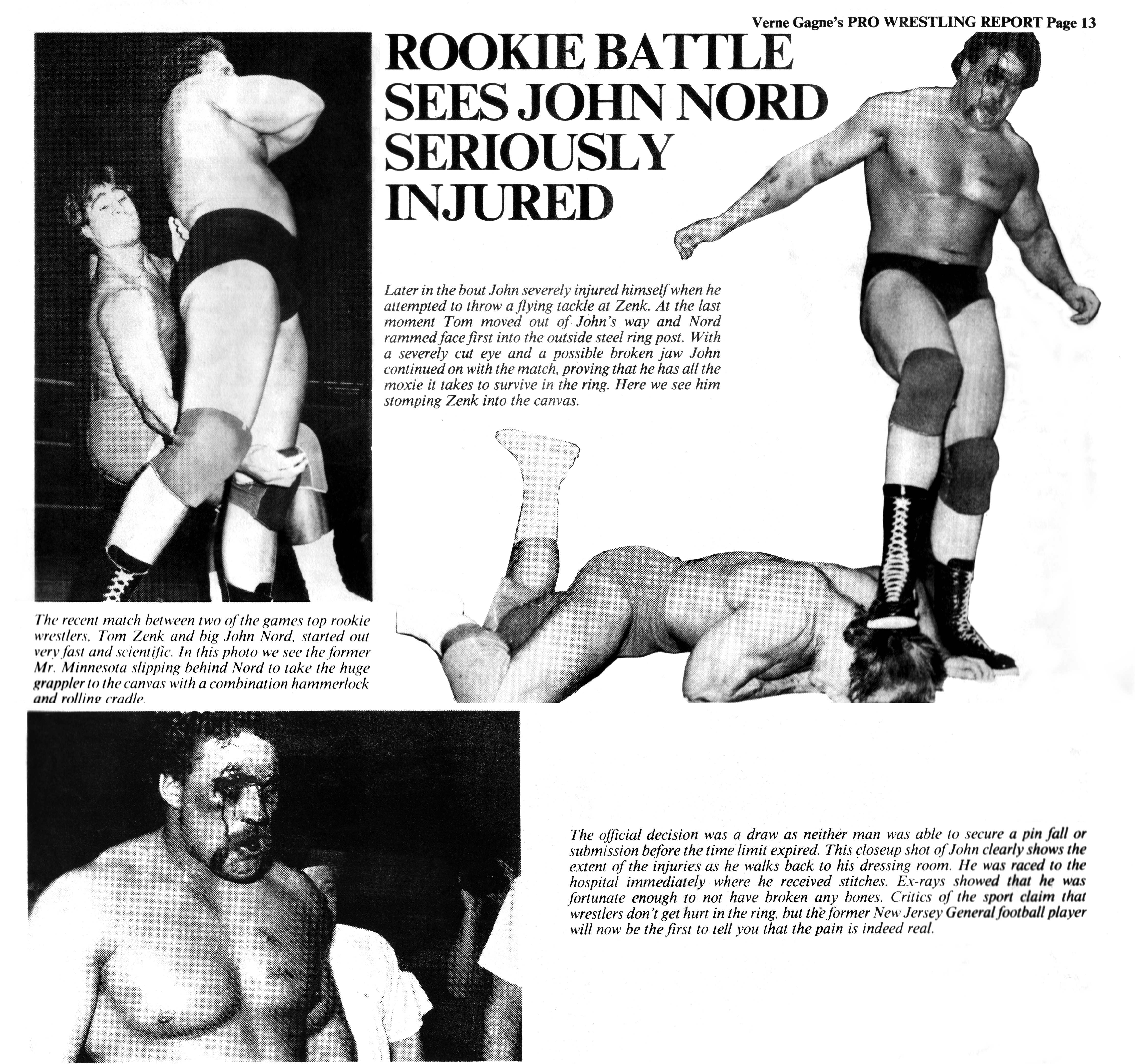 Magazine page showing Tom Zenk wrestling John Nord